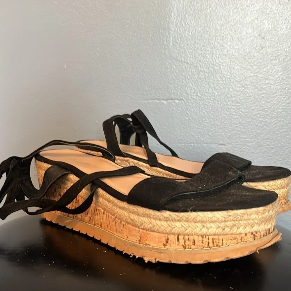Mannika Flatform espadrille wedge, black straps for around the leg women’s 10.5